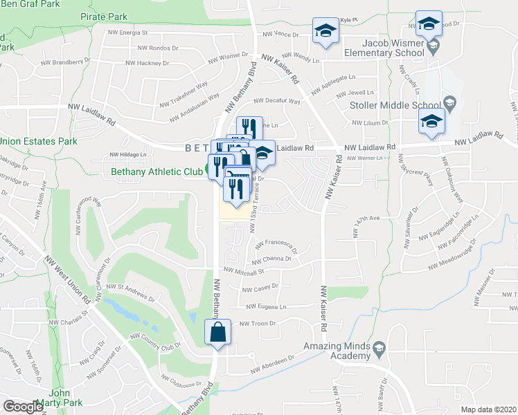 map of restaurants, bars, coffee shops, grocery stores, and more near 15050 Northwest Central Drive in Portland