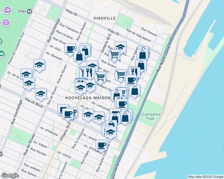 map of restaurants, bars, coffee shops, grocery stores, and more near 1635 Avenue William-David in Montréal