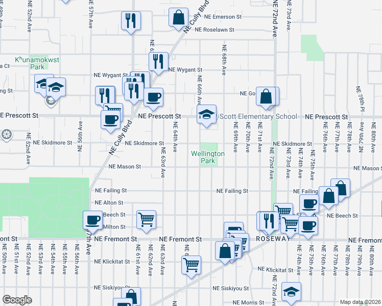 map of restaurants, bars, coffee shops, grocery stores, and more near 4210 Northeast 65th Avenue in Portland
