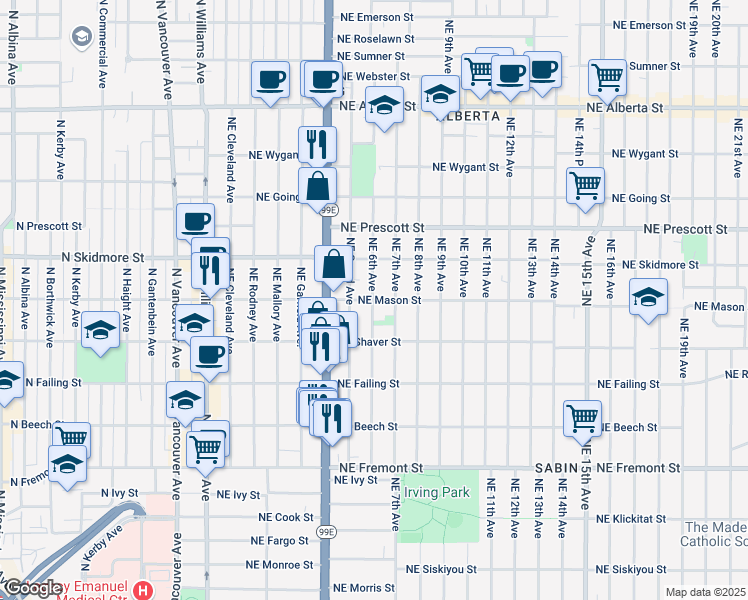 map of restaurants, bars, coffee shops, grocery stores, and more near 603 Northeast Mason Street in Portland