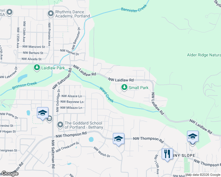 map of restaurants, bars, coffee shops, grocery stores, and more near 12222 Northwest Laidlaw Road in Portland