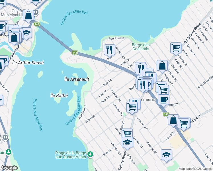 map of restaurants, bars, coffee shops, grocery stores, and more near 1450 35e Av in Laval