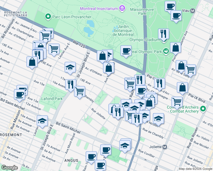 map of restaurants, bars, coffee shops, grocery stores, and more near 4492 Avenue Bourbonnière in Montréal