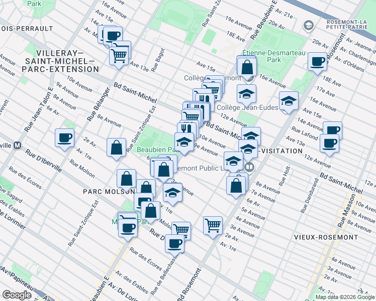 map of restaurants, bars, coffee shops, grocery stores, and more near 3110 Rue Beaubien Est in Montréal