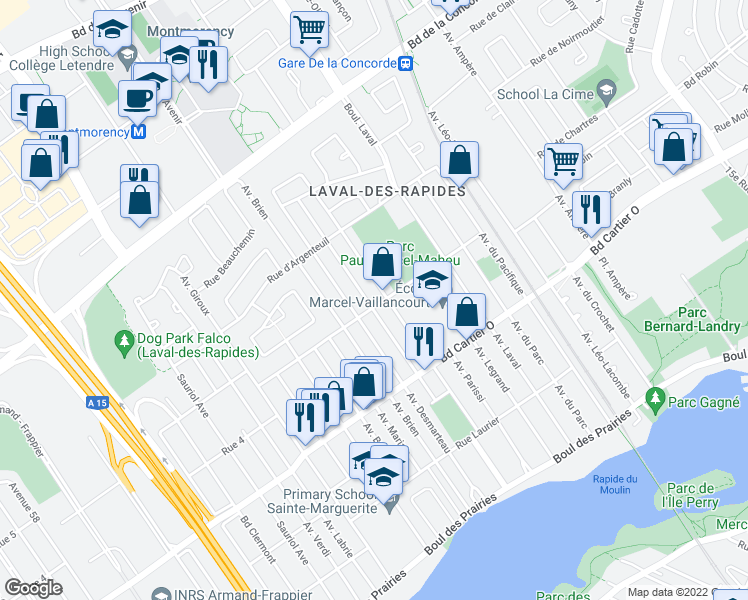 map of restaurants, bars, coffee shops, grocery stores, and more near 201 Avenue Michaud in Laval