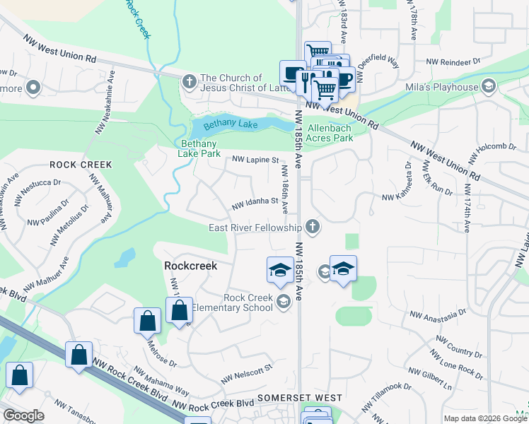 map of restaurants, bars, coffee shops, grocery stores, and more near 4665 Northwest 187th Avenue in Portland