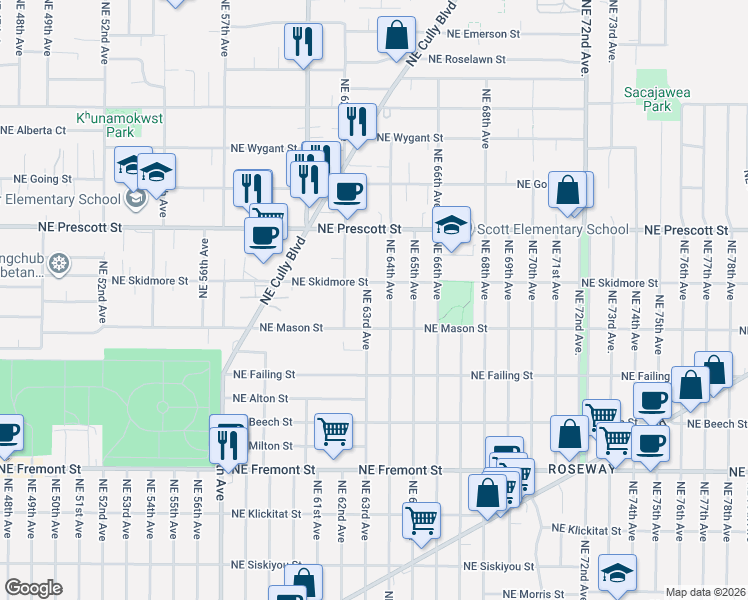 map of restaurants, bars, coffee shops, grocery stores, and more near 4216 Northeast 63rd Avenue in Portland