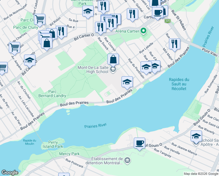 map of restaurants, bars, coffee shops, grocery stores, and more near 20 Rue de l'Anse Bleue in Laval