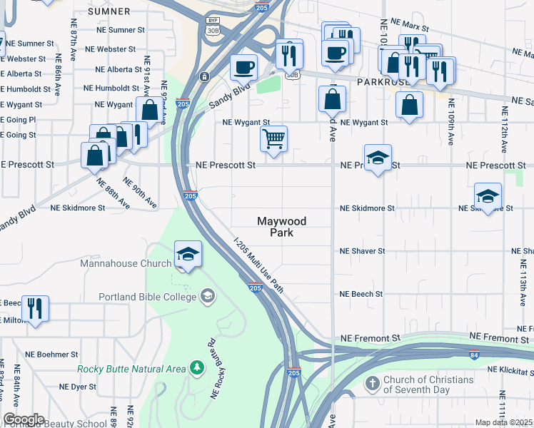 map of restaurants, bars, coffee shops, grocery stores, and more near 9806 Northeast Skidmore Street in Portland