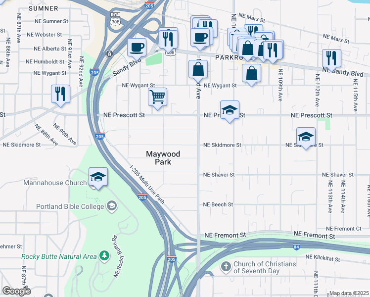 map of restaurants, bars, coffee shops, grocery stores, and more near 10042 Northeast Skidmore Street in Portland