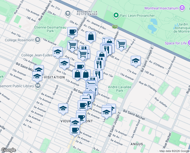 map of restaurants, bars, coffee shops, grocery stores, and more near 5416 14e Avenue in Montrã©Al
