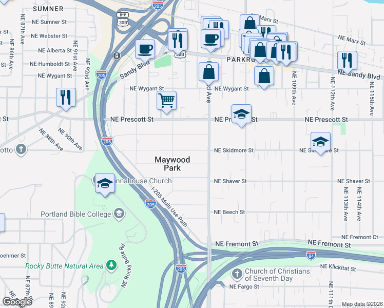 map of restaurants, bars, coffee shops, grocery stores, and more near 10030 Northeast Skidmore Street in Portland