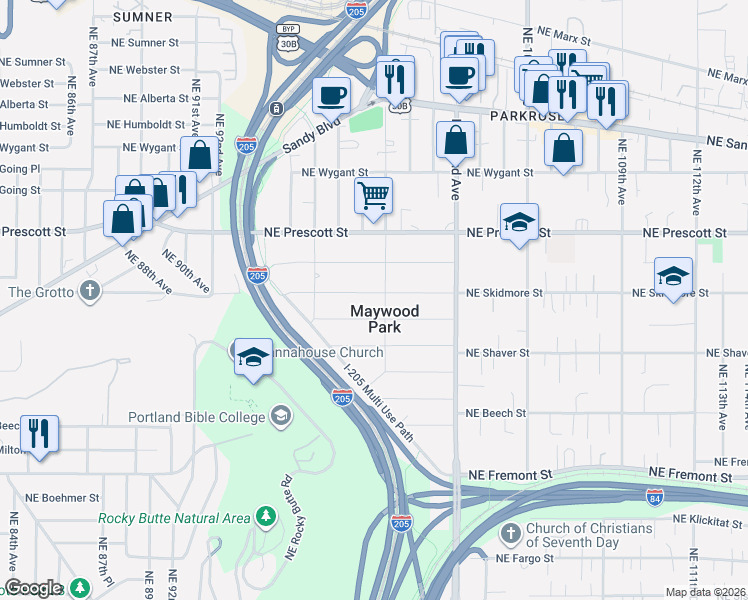 map of restaurants, bars, coffee shops, grocery stores, and more near 9830 Northeast Skidmore Street in Portland