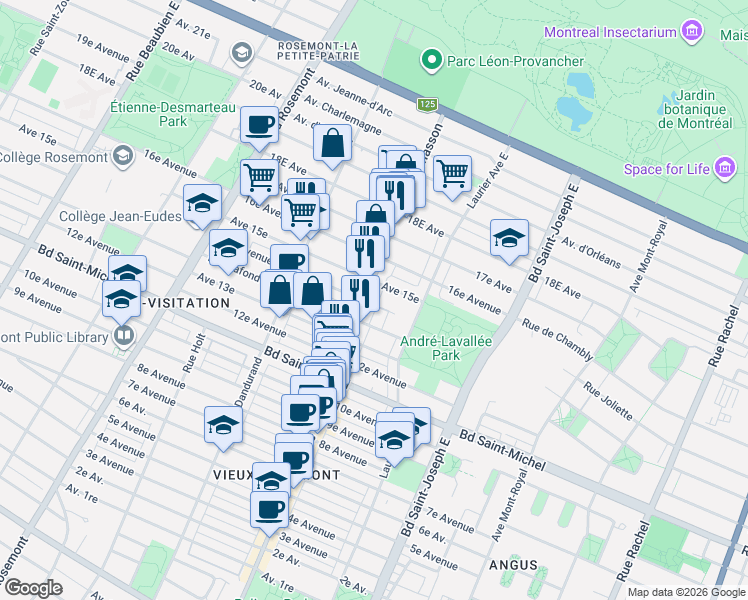 map of restaurants, bars, coffee shops, grocery stores, and more near 3530 Rue Masson in Montréal