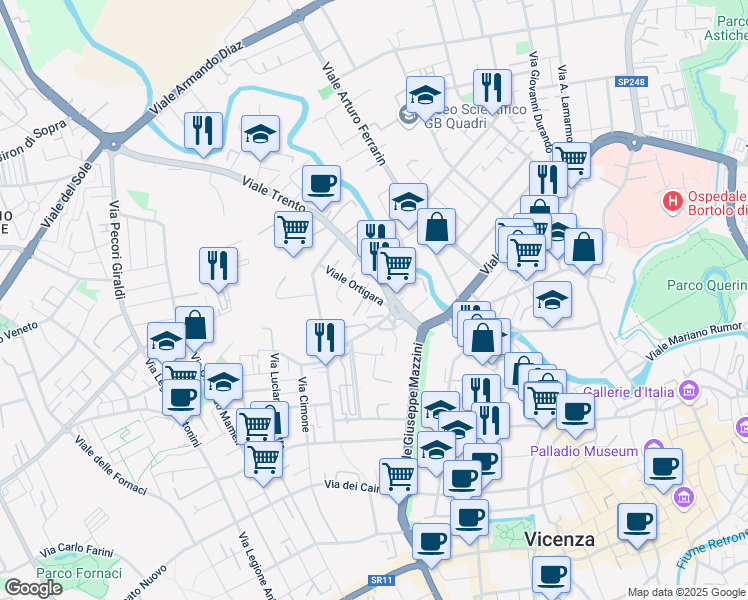map of restaurants, bars, coffee shops, grocery stores, and more near 10 Viale Ortigara in Vicenza