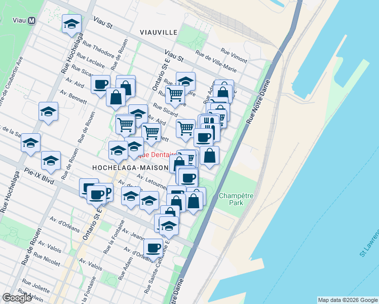 map of restaurants, bars, coffee shops, grocery stores, and more near 1472 Avenue Bennett in Montréal