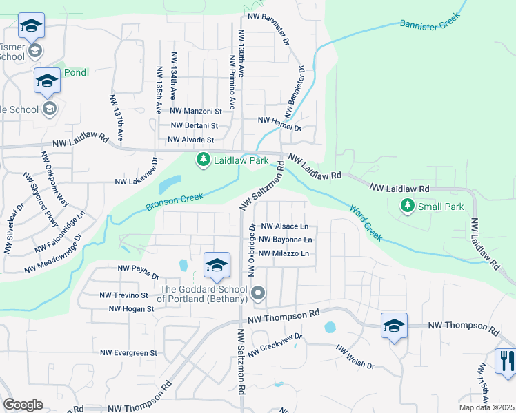 map of restaurants, bars, coffee shops, grocery stores, and more near 4678 Northwest Oxbridge Drive in Portland