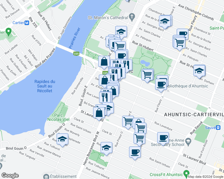 map of restaurants, bars, coffee shops, grocery stores, and more near 339 Boulevard Henri-Bourassa Est in Montréal