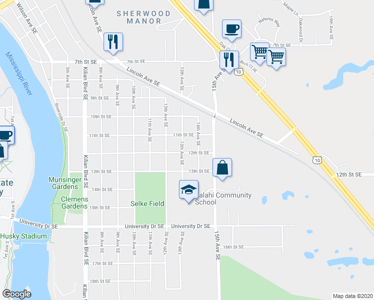 map of restaurants, bars, coffee shops, grocery stores, and more near 1305 12th Street Southeast in St. Cloud