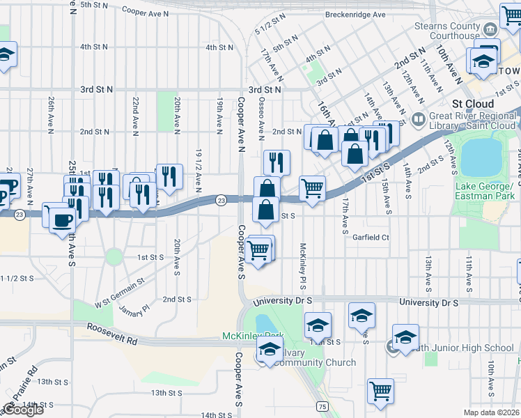 map of restaurants, bars, coffee shops, grocery stores, and more near 1816 West Saint Germain Street in St. Cloud