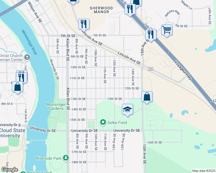 map of restaurants, bars, coffee shops, grocery stores, and more near 1120 11th Avenue Southeast in St. Cloud