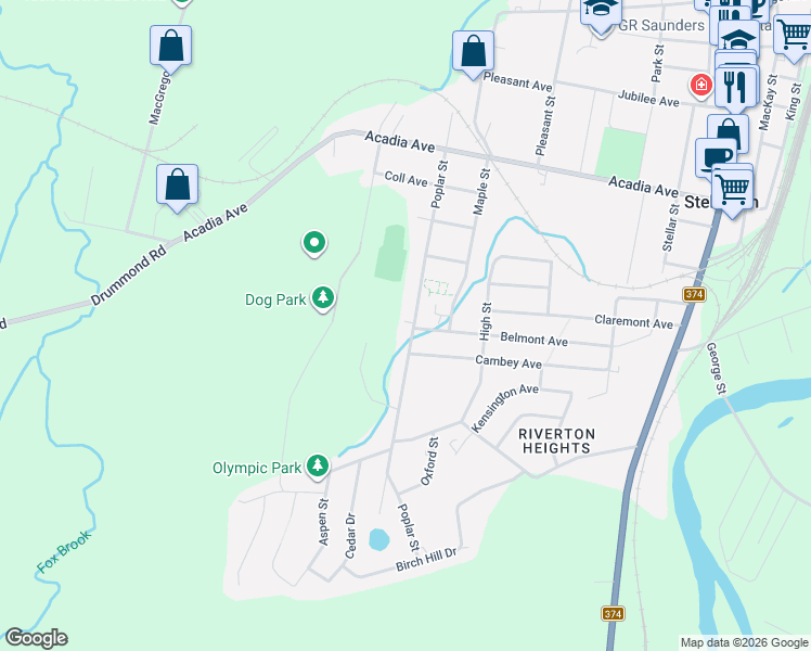 map of restaurants, bars, coffee shops, grocery stores, and more near 70 Poplar Street in Stellarton
