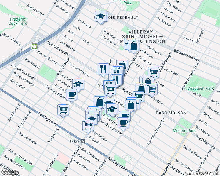 map of restaurants, bars, coffee shops, grocery stores, and more near 7175 Avenue Louis-Hébert in Montréal