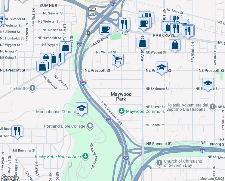 map of restaurants, bars, coffee shops, grocery stores, and more near 9806 Northeast Skidmore Street in Portland