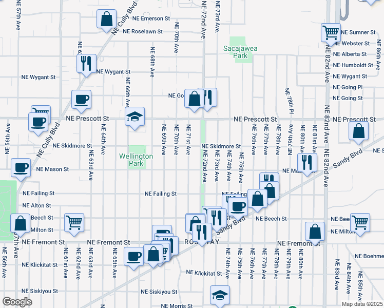 map of restaurants, bars, coffee shops, grocery stores, and more near 4233 Northeast 71st Avenue in Portland