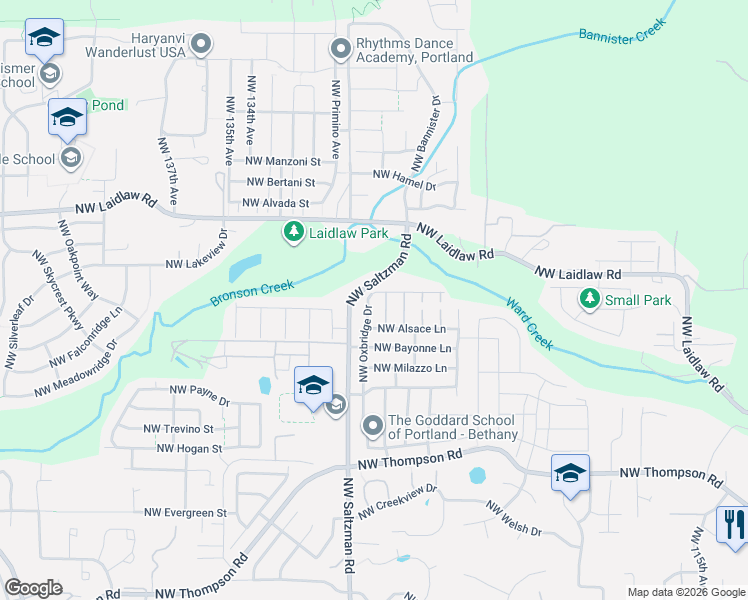 map of restaurants, bars, coffee shops, grocery stores, and more near 4678 Northwest Oxbridge Drive in Portland