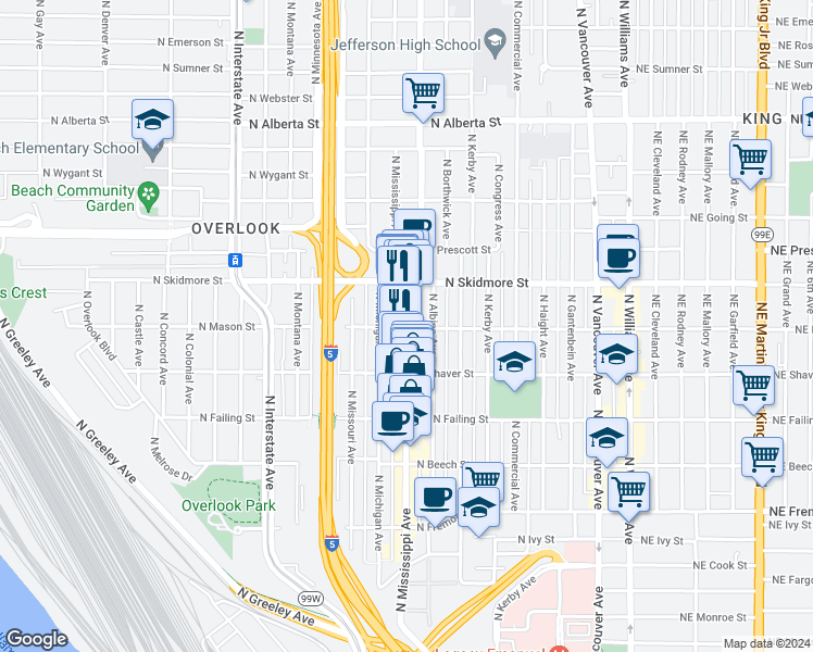 map of restaurants, bars, coffee shops, grocery stores, and more near 4103 N Mississippi Ave in Portland