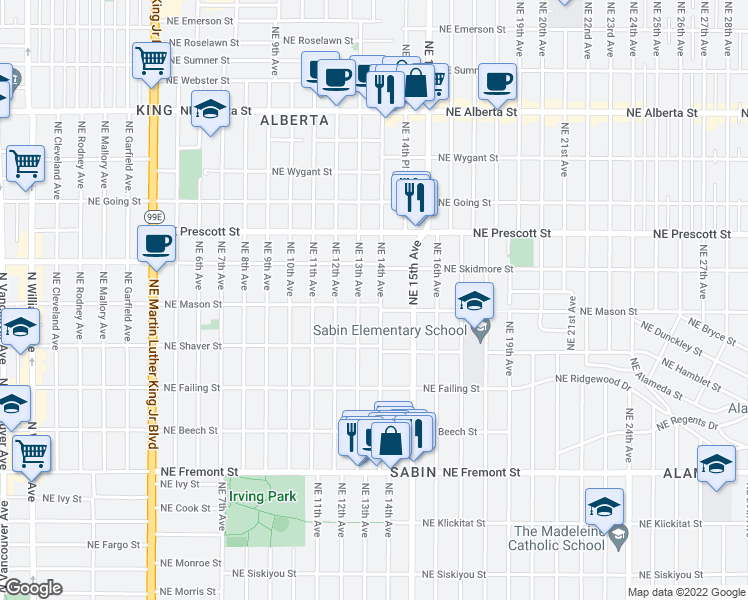 map of restaurants, bars, coffee shops, grocery stores, and more near 4115 Northeast 14th Avenue in Portland