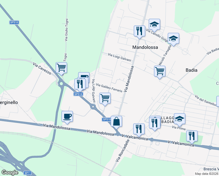 map of restaurants, bars, coffee shops, grocery stores, and more near 14 Via Luigi Galvani in Mandolossa