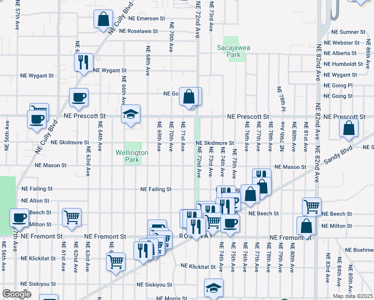 map of restaurants, bars, coffee shops, grocery stores, and more near 4233 Northeast 71st Avenue in Portland