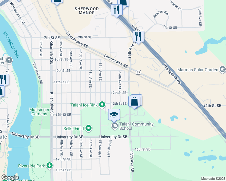 map of restaurants, bars, coffee shops, grocery stores, and more near 1305 12th Street Southeast in St. Cloud