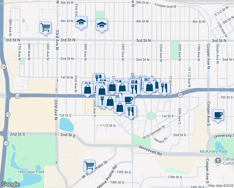 map of restaurants, bars, coffee shops, grocery stores, and more near 2621 Division Street in St. Cloud