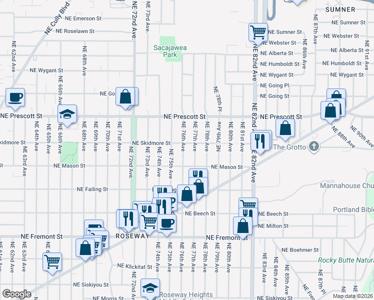 map of restaurants, bars, coffee shops, grocery stores, and more near 4222 Northeast 76th Avenue in Portland