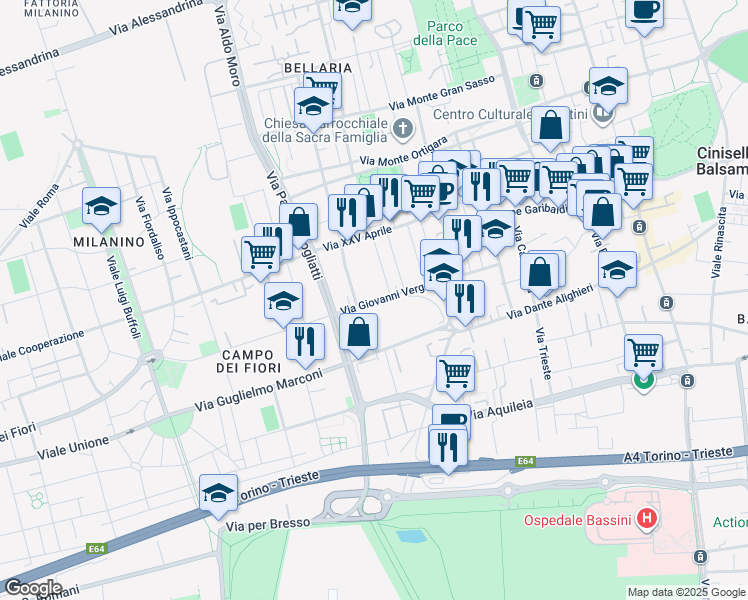 map of restaurants, bars, coffee shops, grocery stores, and more near 80 Via Giovanni Verga in Cinisello Balsamo