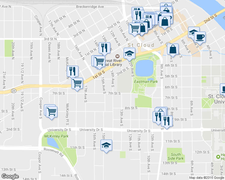 map of restaurants, bars, coffee shops, grocery stores, and more near 239 14th Avenue South in Saint Cloud
