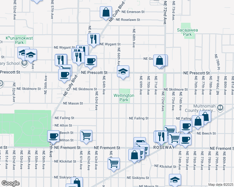 map of restaurants, bars, coffee shops, grocery stores, and more near 4221 Northeast 66th Avenue in Portland