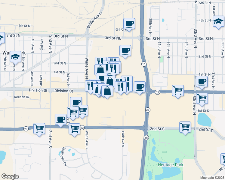 map of restaurants, bars, coffee shops, grocery stores, and more near 4201 West Division Street in St. Cloud