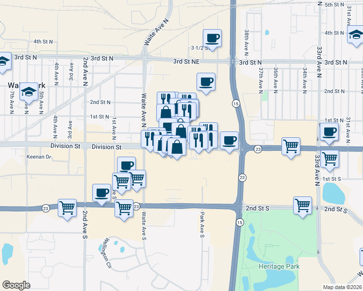map of restaurants, bars, coffee shops, grocery stores, and more near 4201 West Division Street in St. Cloud