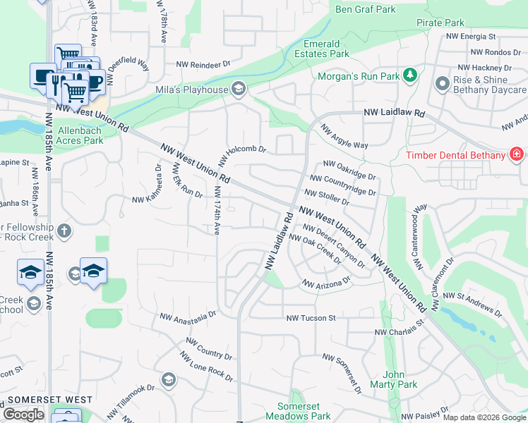 map of restaurants, bars, coffee shops, grocery stores, and more near 17094 Northwest Elk Run Drive in Beaverton
