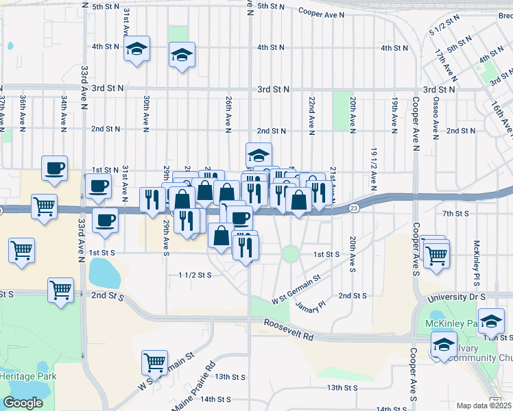 map of restaurants, bars, coffee shops, grocery stores, and more near 1-99 25th Ave N in St Cloud