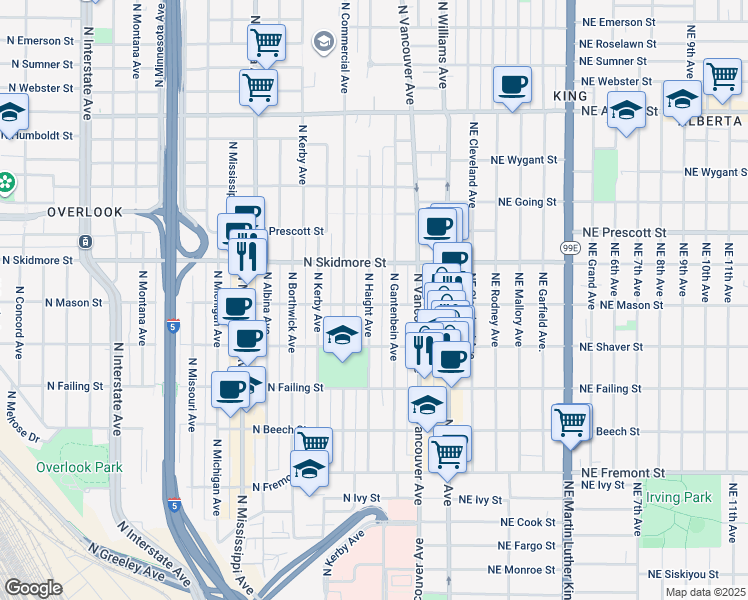 map of restaurants, bars, coffee shops, grocery stores, and more near 4108 North Haight Avenue in Portland