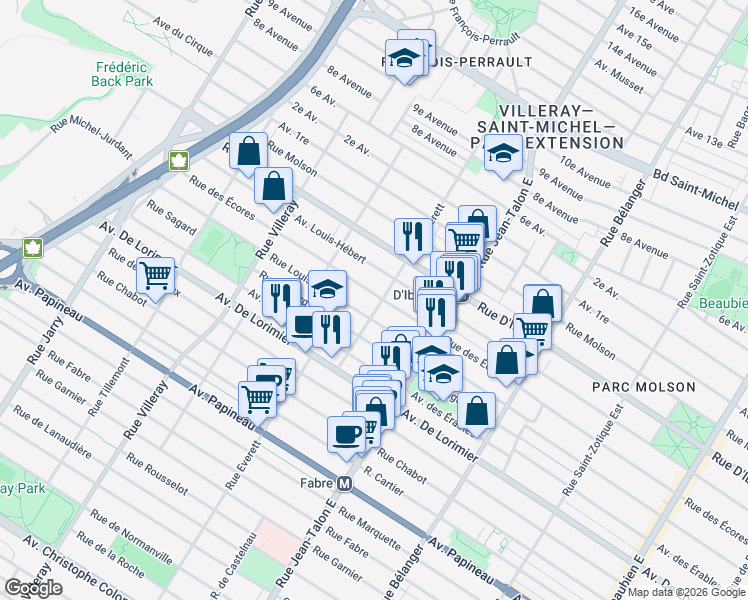 map of restaurants, bars, coffee shops, grocery stores, and more near 7332 Rue des Écores in Montréal