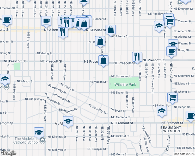 map of restaurants, bars, coffee shops, grocery stores, and more near 4124 Northeast 32nd Avenue in Portland