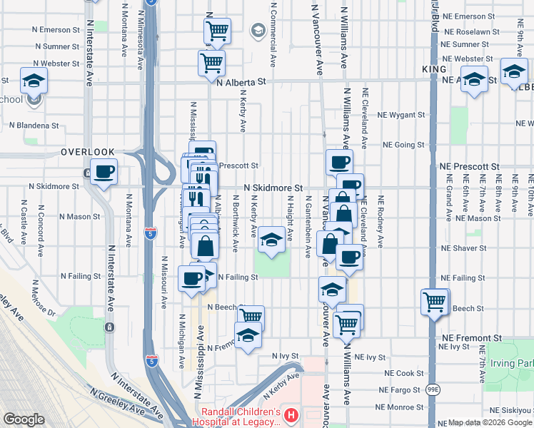map of restaurants, bars, coffee shops, grocery stores, and more near 4105 North Commercial Avenue in Portland