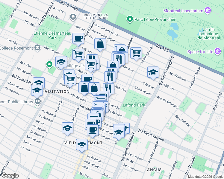 map of restaurants, bars, coffee shops, grocery stores, and more near 3530 Rue Masson in Montréal