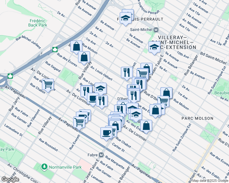 map of restaurants, bars, coffee shops, grocery stores, and more near 7332 Rue des Écores in Montréal